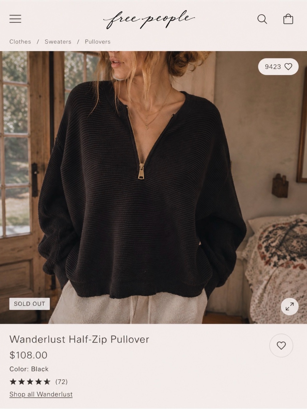 Free People Wanderlust Half-Zip Pullover Sweater - Black